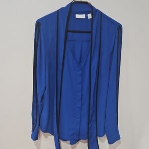 New York & Company Blue Button Down Blouse with Tie Front